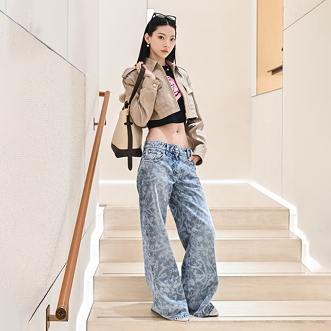 lv louis vuitton nautical totem all over print wide leg jeans